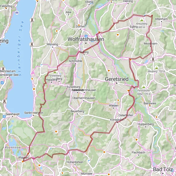 Map miniature of "The Gravel Path through Nature's Wonderland" cycling inspiration in Oberbayern, Germany. Generated by Tarmacs.app cycling route planner