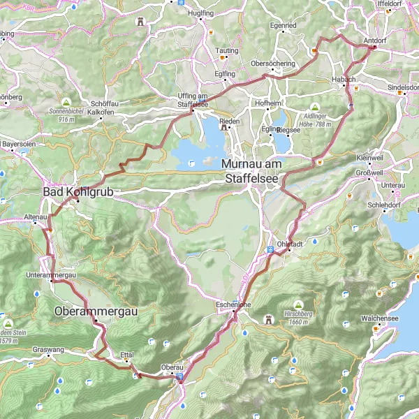Map miniature of "The Koppenberg Gravel Adventure" cycling inspiration in Oberbayern, Germany. Generated by Tarmacs.app cycling route planner