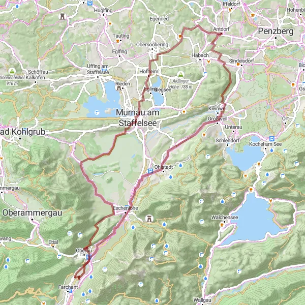 Map miniature of "The Gravel Adventure Across Oberbayern" cycling inspiration in Oberbayern, Germany. Generated by Tarmacs.app cycling route planner