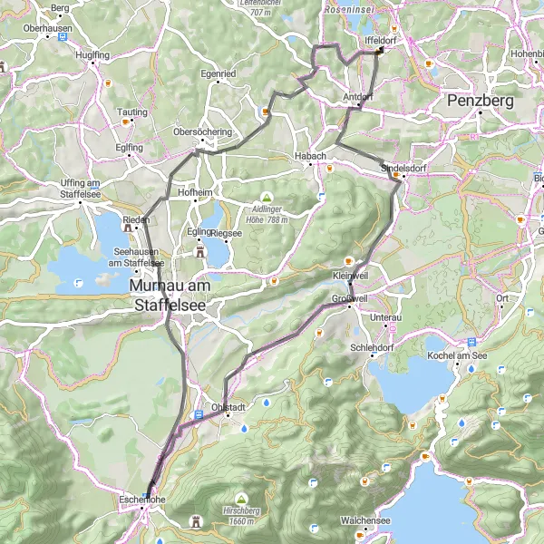 Map miniature of "Iffeldorf - Alpenpanorama - Angerberg Loop" cycling inspiration in Oberbayern, Germany. Generated by Tarmacs.app cycling route planner