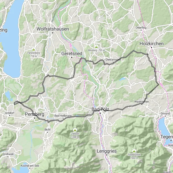 Map miniature of "The Alpine Road Marvels" cycling inspiration in Oberbayern, Germany. Generated by Tarmacs.app cycling route planner