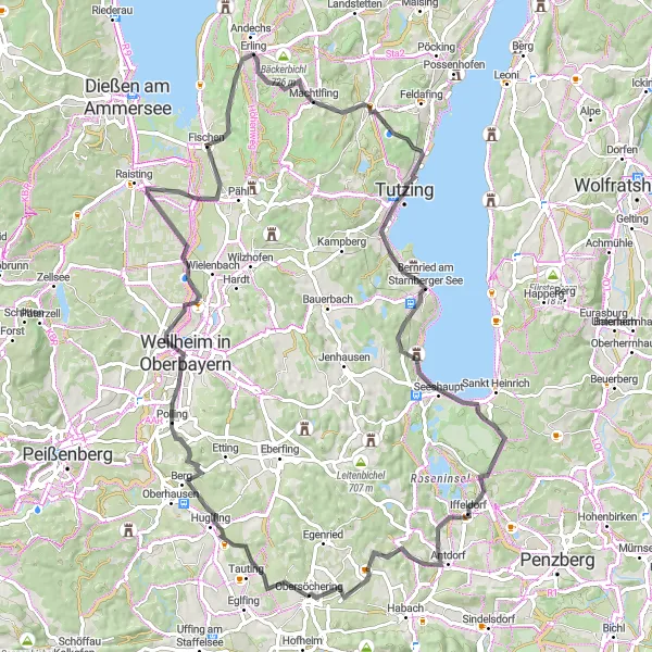 Map miniature of "Obersöchering Trail" cycling inspiration in Oberbayern, Germany. Generated by Tarmacs.app cycling route planner