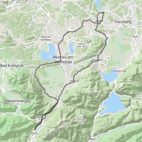 Map miniature of "Bavaria Alps Tour" cycling inspiration in Oberbayern, Germany. Generated by Tarmacs.app cycling route planner