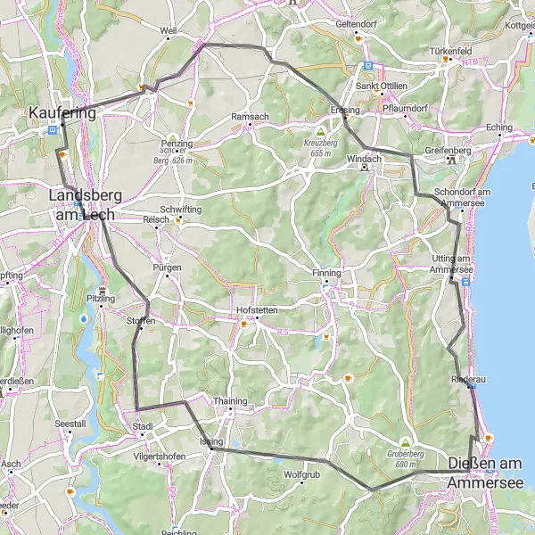 Karten-Miniaturansicht der Radinspiration "Rundfahrt um den Ammersee" in Oberbayern, Germany. Erstellt vom Tarmacs.app-Routenplaner für Radtouren