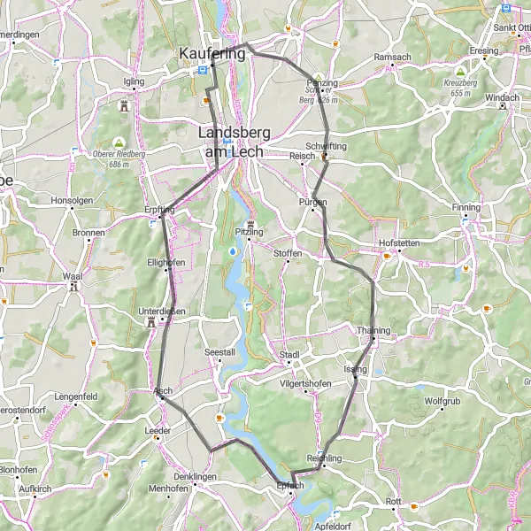 Karten-Miniaturansicht der Radinspiration "Rundtour Richtung Erpfting" in Oberbayern, Germany. Erstellt vom Tarmacs.app-Routenplaner für Radtouren