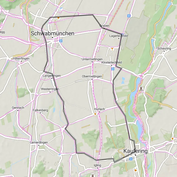 Karten-Miniaturansicht der Radinspiration "Kurze Runde durch das Lechfeld" in Oberbayern, Germany. Erstellt vom Tarmacs.app-Routenplaner für Radtouren