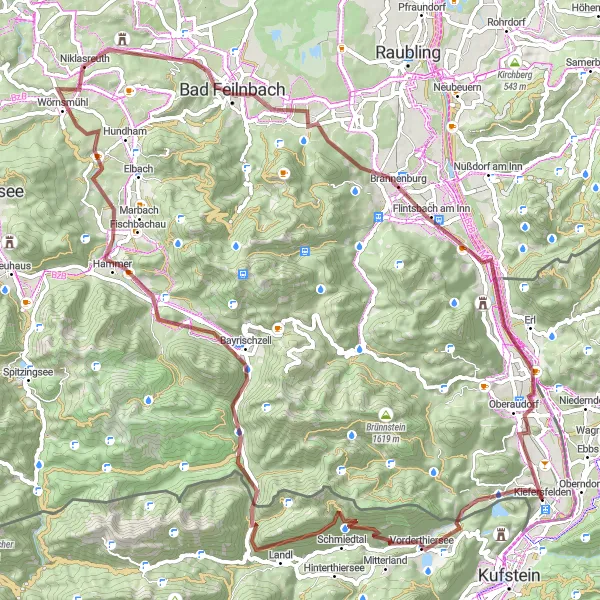 Map miniature of "The Sweet Trail: Kiefersfelden to Ursprungpass" cycling inspiration in Oberbayern, Germany. Generated by Tarmacs.app cycling route planner