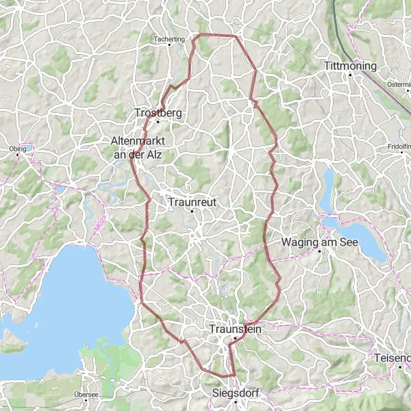 Map miniature of "Alz Valley Gravel Adventure" cycling inspiration in Oberbayern, Germany. Generated by Tarmacs.app cycling route planner