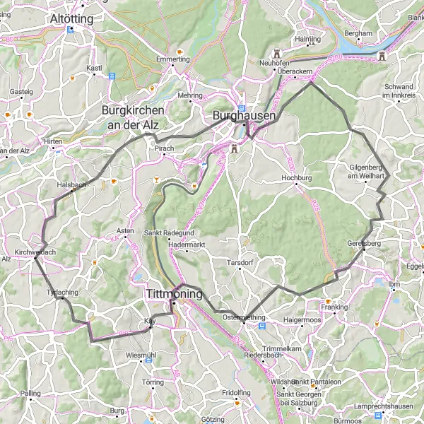 Map miniature of "Kirchweidach to Tyrlaching Loop" cycling inspiration in Oberbayern, Germany. Generated by Tarmacs.app cycling route planner