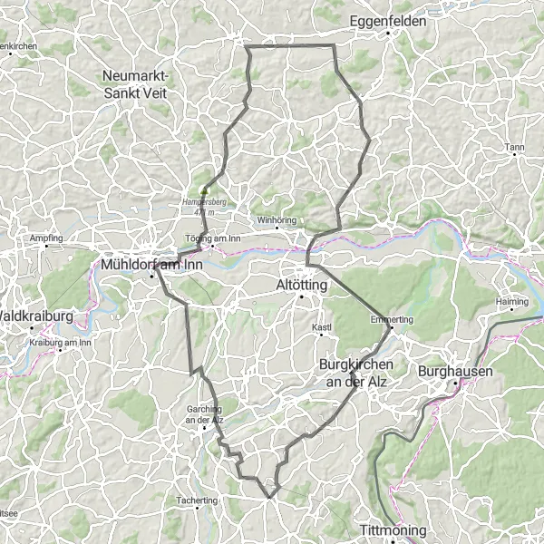Map miniature of "Kirchweidach to Halsbach Circuit" cycling inspiration in Oberbayern, Germany. Generated by Tarmacs.app cycling route planner