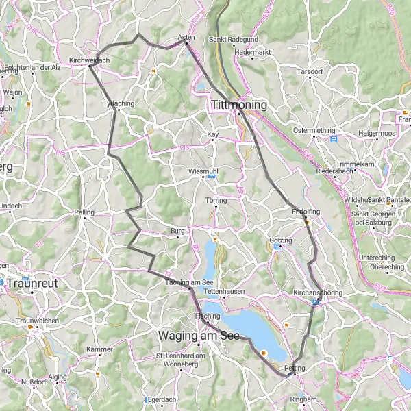 Map miniature of "Kirchweidach to Tyrlaching Circuit" cycling inspiration in Oberbayern, Germany. Generated by Tarmacs.app cycling route planner
