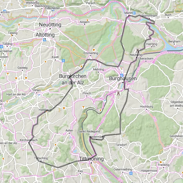 Map miniature of "Salzach River Ride" cycling inspiration in Oberbayern, Germany. Generated by Tarmacs.app cycling route planner