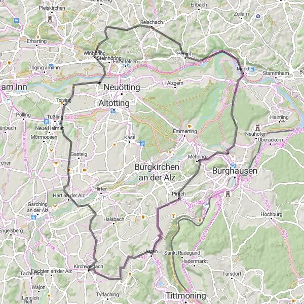 Map miniature of "Inn Riverside Ride" cycling inspiration in Oberbayern, Germany. Generated by Tarmacs.app cycling route planner