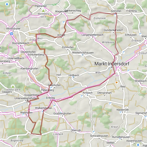 Map miniature of "The Gravel Adventure to Walkertshofen" cycling inspiration in Oberbayern, Germany. Generated by Tarmacs.app cycling route planner