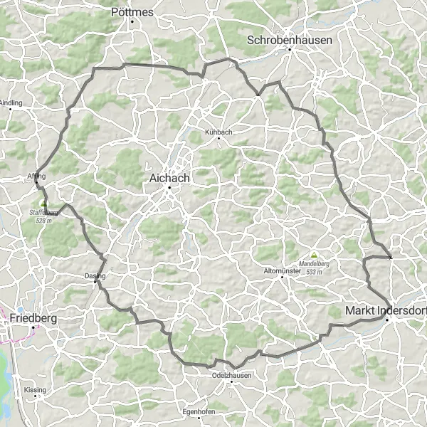 Map miniature of "The Goldberg Road Challenge" cycling inspiration in Oberbayern, Germany. Generated by Tarmacs.app cycling route planner