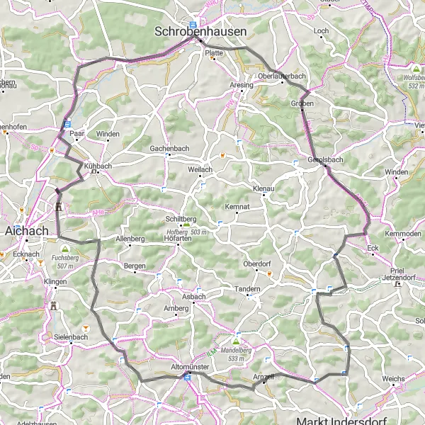 Map miniature of "The Altomünster Adventure" cycling inspiration in Oberbayern, Germany. Generated by Tarmacs.app cycling route planner