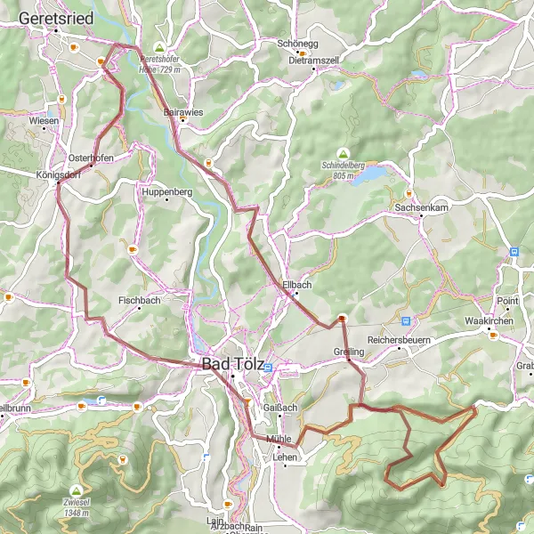 Map miniature of "Gravel Trails Discovery" cycling inspiration in Oberbayern, Germany. Generated by Tarmacs.app cycling route planner