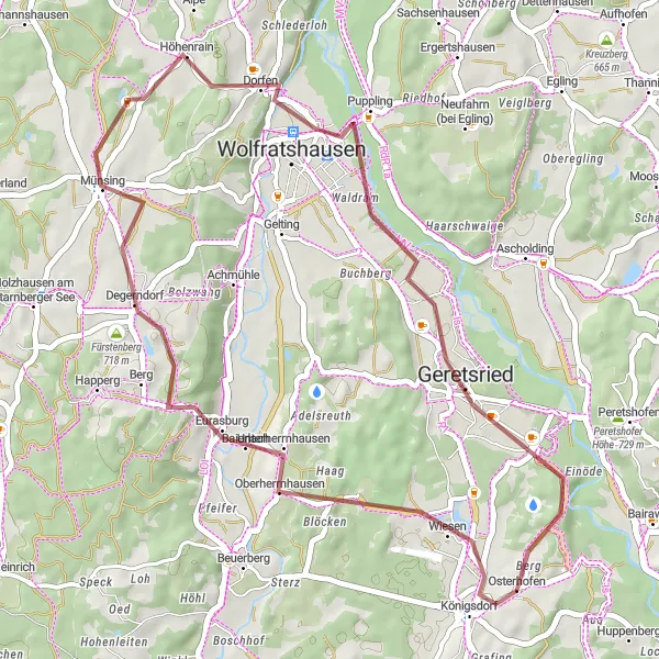 Map miniature of "Exploring the Bavarian Countryside" cycling inspiration in Oberbayern, Germany. Generated by Tarmacs.app cycling route planner