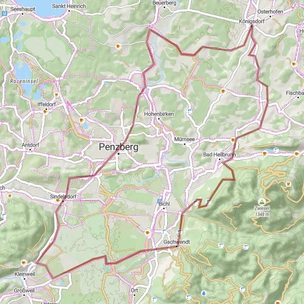 Map miniature of "Bad Heilbrunn and the Enzenauer Kopf Gravel Loop" cycling inspiration in Oberbayern, Germany. Generated by Tarmacs.app cycling route planner