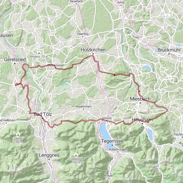 Map miniature of "100 km Gravel Challenge with Scenic Highlights" cycling inspiration in Oberbayern, Germany. Generated by Tarmacs.app cycling route planner