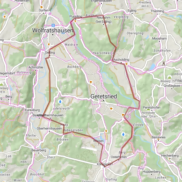 Map miniature of "36 km Gravel Loop Through Rural Bavaria" cycling inspiration in Oberbayern, Germany. Generated by Tarmacs.app cycling route planner