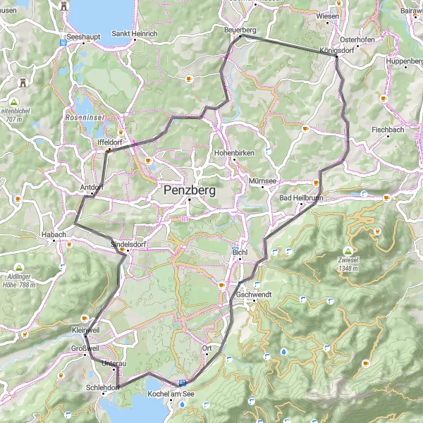 Map miniature of "Road Tour to Benediktbeuern and Koppenberg" cycling inspiration in Oberbayern, Germany. Generated by Tarmacs.app cycling route planner