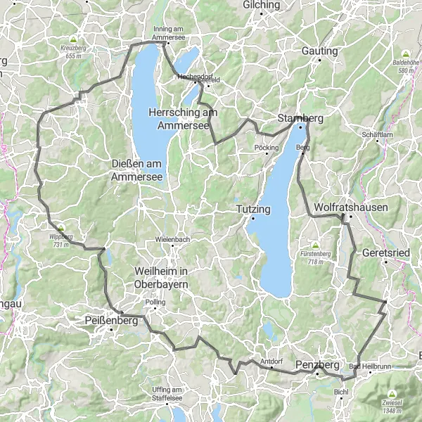 Map miniature of "Adventure through the Upper Bavarian Countryside" cycling inspiration in Oberbayern, Germany. Generated by Tarmacs.app cycling route planner
