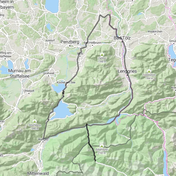 Map miniature of "Bavarian Alps Adventure" cycling inspiration in Oberbayern, Germany. Generated by Tarmacs.app cycling route planner