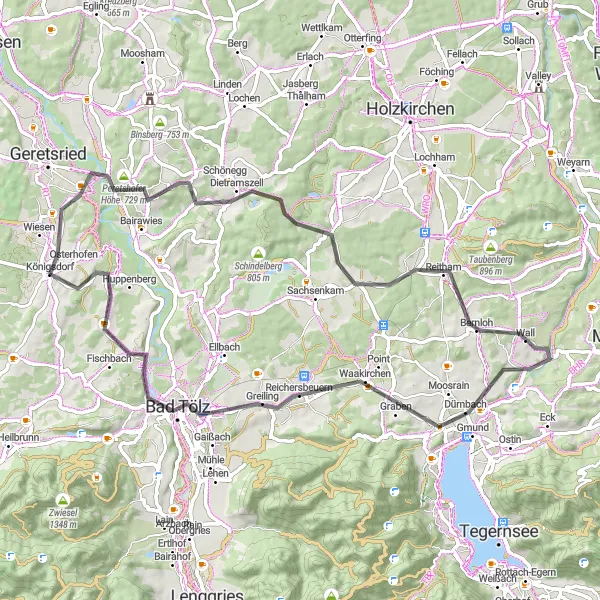 Map miniature of "The Peretshofer Höhe Road Cycling Adventure" cycling inspiration in Oberbayern, Germany. Generated by Tarmacs.app cycling route planner