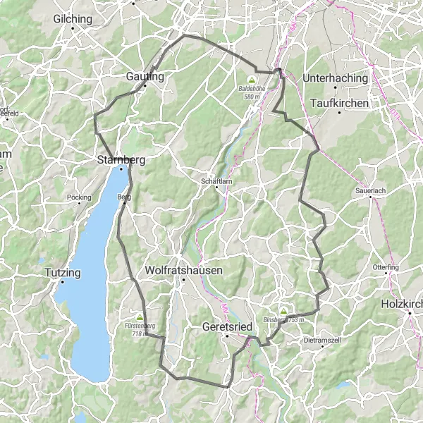 Map miniature of "Lake Starnberger Tour" cycling inspiration in Oberbayern, Germany. Generated by Tarmacs.app cycling route planner