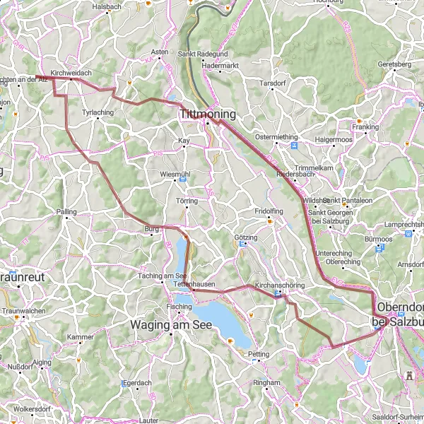 Map miniature of "Laufen - Kirchanschöring - Tengling - Kirchweidach - Tittmoning - Salzach Loop" cycling inspiration in Oberbayern, Germany. Generated by Tarmacs.app cycling route planner
