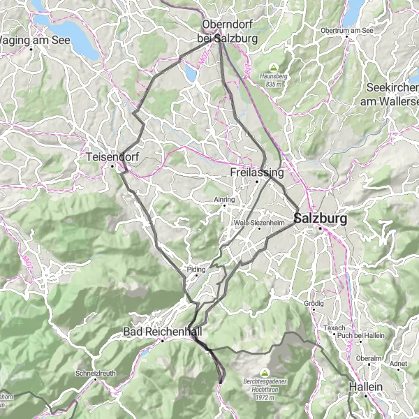Map miniature of "Laufen und die Salzach - Freilassing - Hangar 7 - Eisenrichterstein - Teisendorf - Leobendorf Loop" cycling inspiration in Oberbayern, Germany. Generated by Tarmacs.app cycling route planner