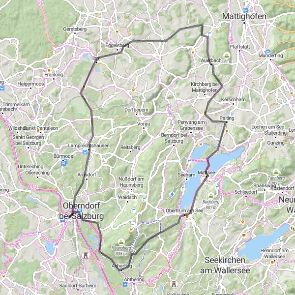 Map miniature of "Laufen to Oberndorf via Lamprechtshausen" cycling inspiration in Oberbayern, Germany. Generated by Tarmacs.app cycling route planner