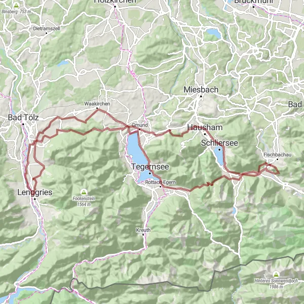 Map miniature of "Gravel Cycling in Tegernsee Valley" cycling inspiration in Oberbayern, Germany. Generated by Tarmacs.app cycling route planner