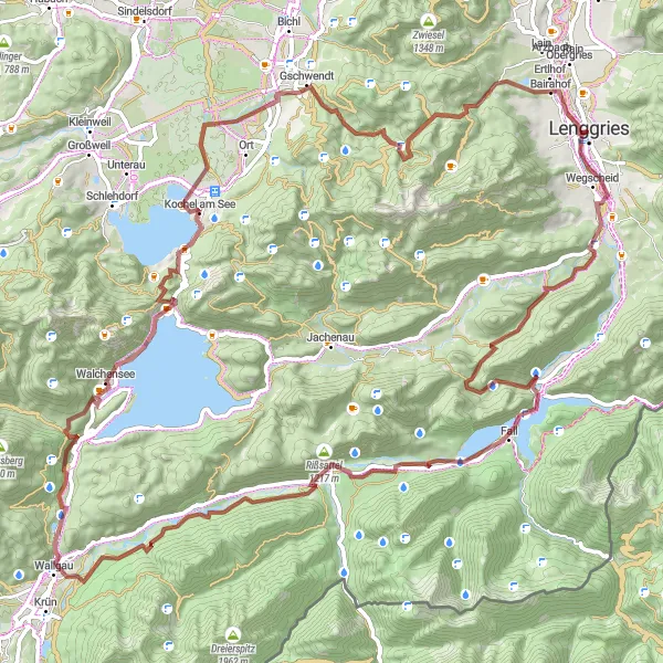 Map miniature of "Gravel Adventure" cycling inspiration in Oberbayern, Germany. Generated by Tarmacs.app cycling route planner