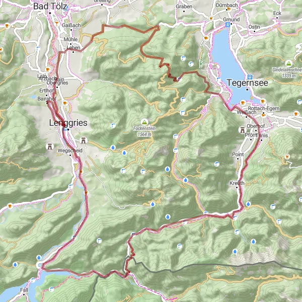 Map miniature of "Gravel Adventure in Lenggries" cycling inspiration in Oberbayern, Germany. Generated by Tarmacs.app cycling route planner
