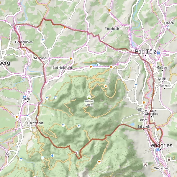 Map miniature of "Gravel Adventure from Bairahof to Untergries" cycling inspiration in Oberbayern, Germany. Generated by Tarmacs.app cycling route planner