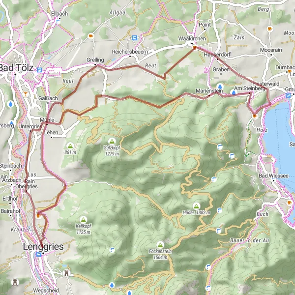 Map miniature of "Scenic Gravel Ride to Obergries" cycling inspiration in Oberbayern, Germany. Generated by Tarmacs.app cycling route planner