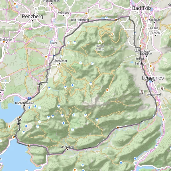 Map miniature of "Road Cycling: Langeneck to Benediktbeuern" cycling inspiration in Oberbayern, Germany. Generated by Tarmacs.app cycling route planner