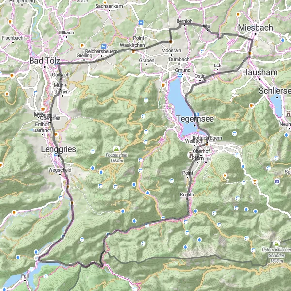 Map miniature of "Gaissach to Achselkopfl via Kreuth" cycling inspiration in Oberbayern, Germany. Generated by Tarmacs.app cycling route planner