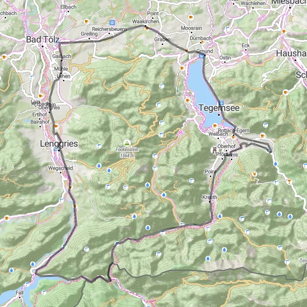 Map miniature of "Gaißach to Winkl via Kreuth" cycling inspiration in Oberbayern, Germany. Generated by Tarmacs.app cycling route planner
