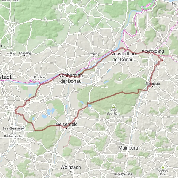 Map miniature of "Manching and Vohburg Gravel Ride" cycling inspiration in Oberbayern, Germany. Generated by Tarmacs.app cycling route planner