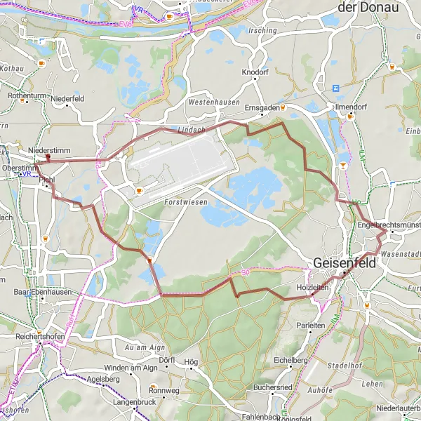 Map miniature of "The Geisenfeldwinden Gravel Loop" cycling inspiration in Oberbayern, Germany. Generated by Tarmacs.app cycling route planner