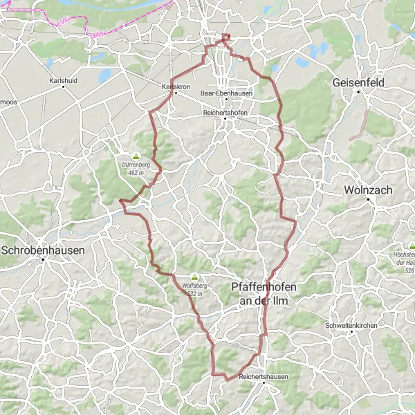 Map miniature of "The Hettenshausen Loop" cycling inspiration in Oberbayern, Germany. Generated by Tarmacs.app cycling route planner