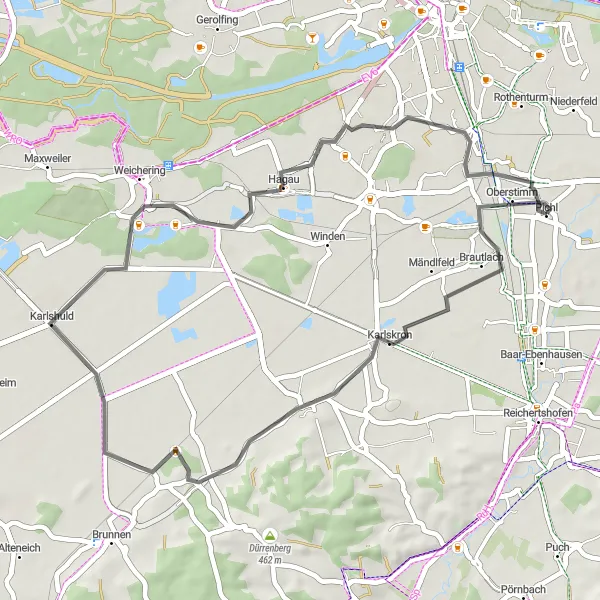 Map miniature of "Karlskron and Karlshuld Loop" cycling inspiration in Oberbayern, Germany. Generated by Tarmacs.app cycling route planner
