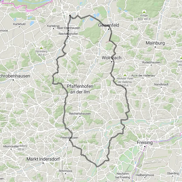 Map miniature of "Geisenfeld and Petershausen Loop" cycling inspiration in Oberbayern, Germany. Generated by Tarmacs.app cycling route planner