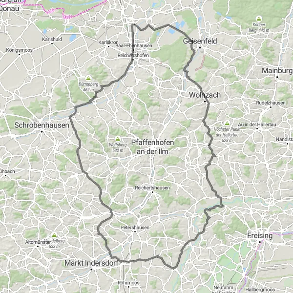 Map miniature of "The Dürnzhausen Route" cycling inspiration in Oberbayern, Germany. Generated by Tarmacs.app cycling route planner