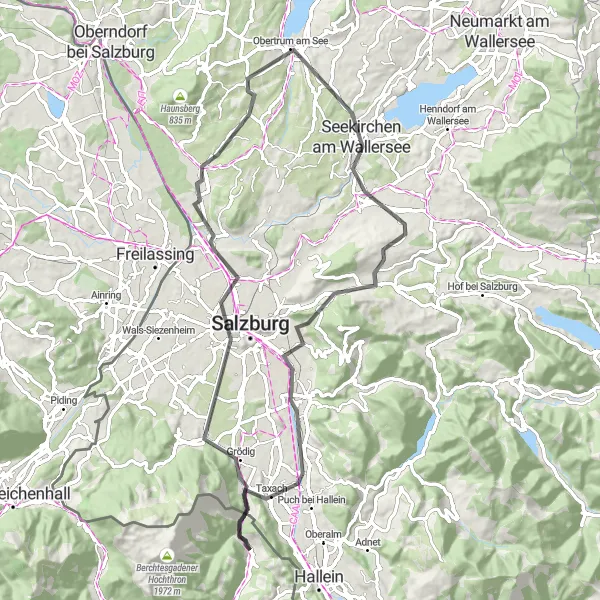 Map miniature of "Salzburg Mountain Loop" cycling inspiration in Oberbayern, Germany. Generated by Tarmacs.app cycling route planner