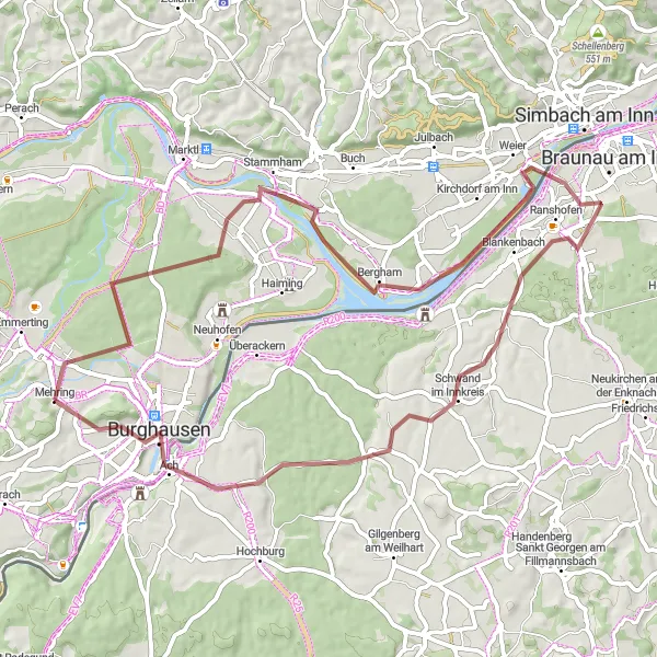 Map miniature of "Inn-Salzach Gravel Tour" cycling inspiration in Oberbayern, Germany. Generated by Tarmacs.app cycling route planner