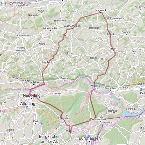 Map miniature of "Emmerting to Oberndorf Loop" cycling inspiration in Oberbayern, Germany. Generated by Tarmacs.app cycling route planner